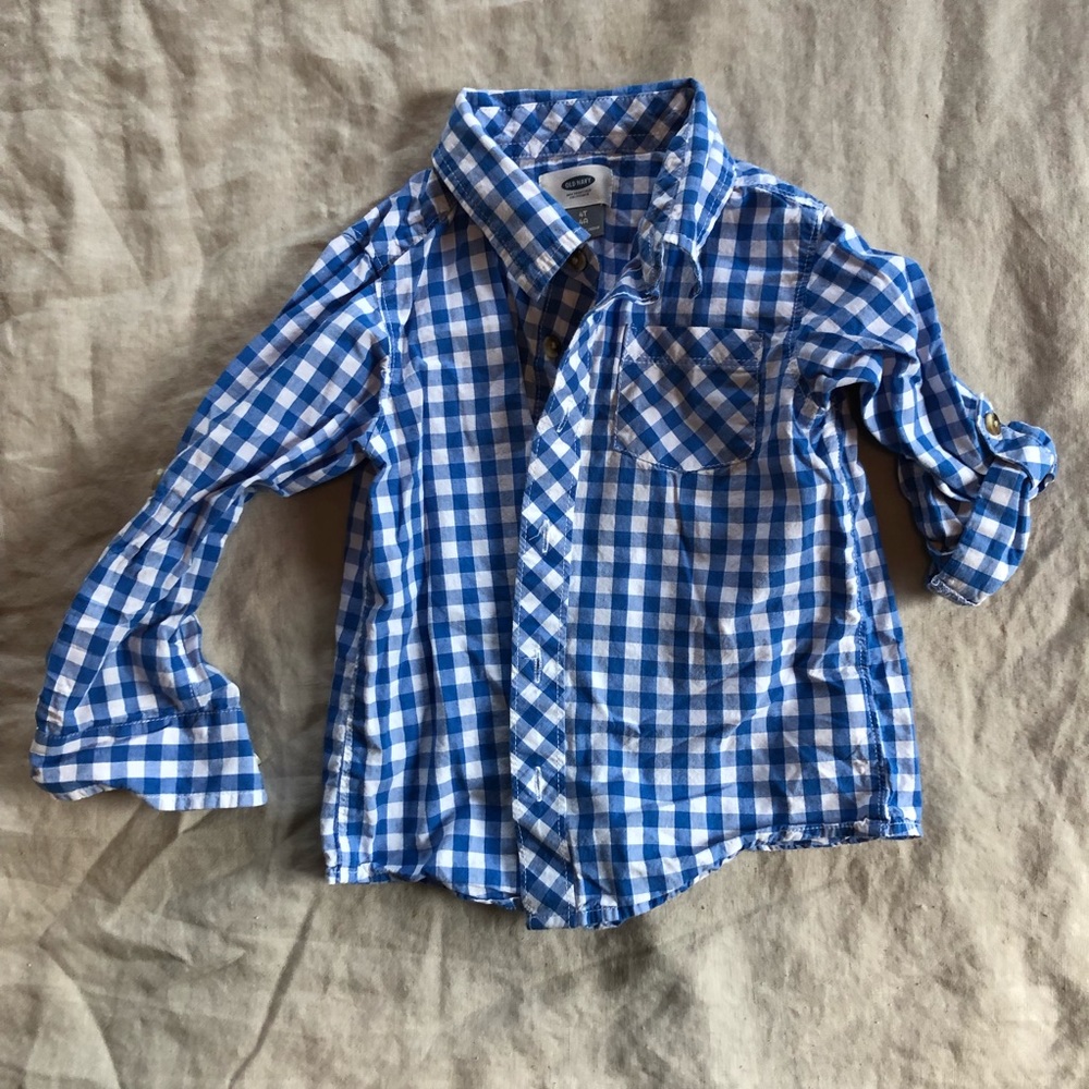 Blue & White Checked Roll Sleeve Button Down